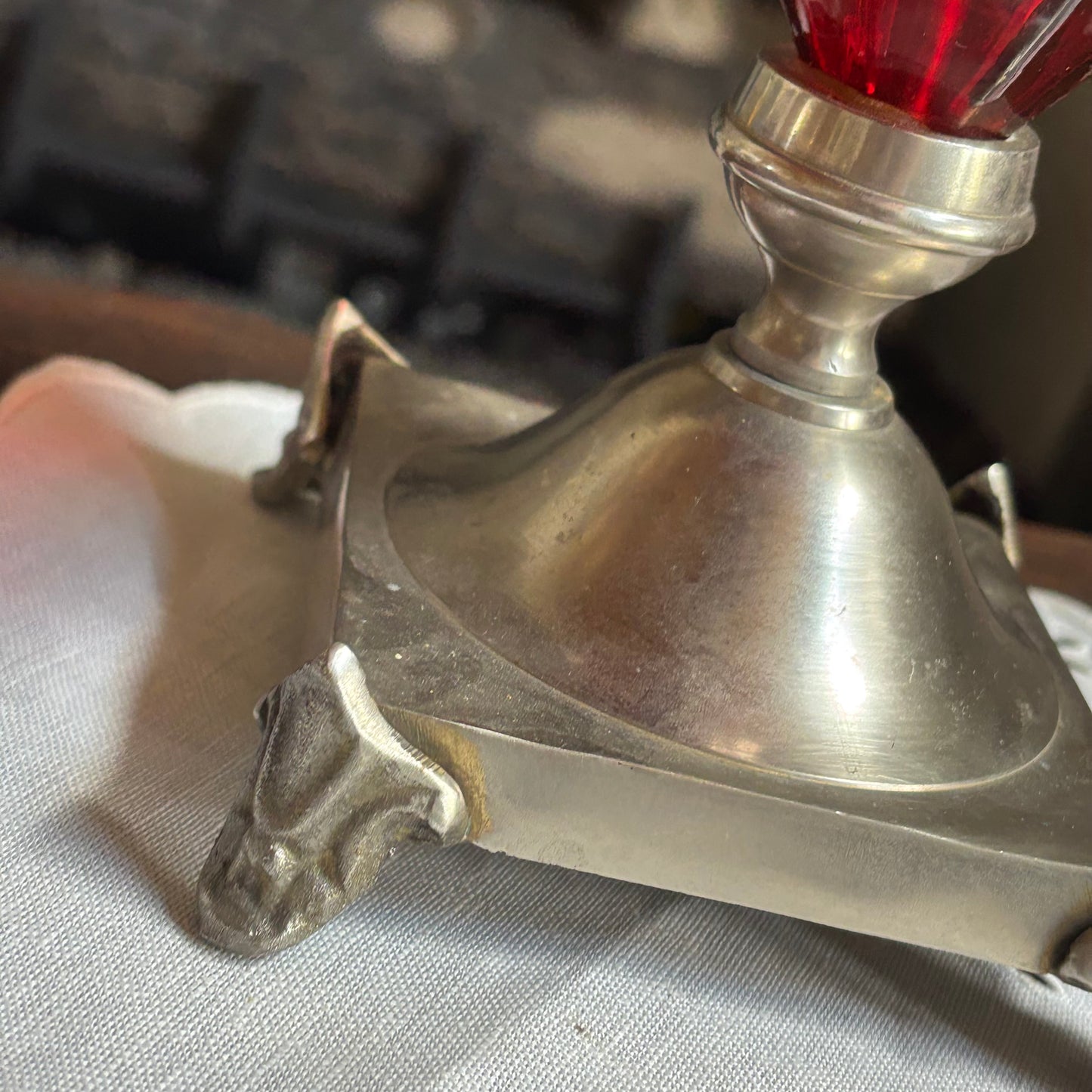 Hollywood Regency Style Candlestick Holder Featuring a Multi-faceted Ruby Red Glass (or lucite)
