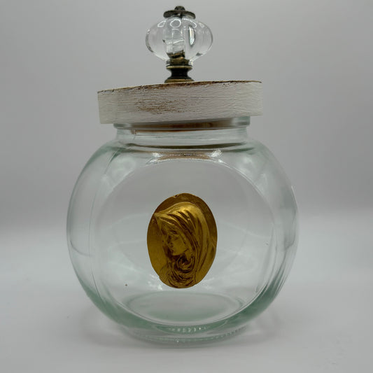 The Virgin Mary Intaglio on Glass Jar with Lid