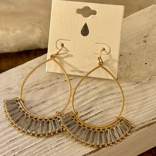 Gold Dangle Earrings Gray Threading On Gold Metal