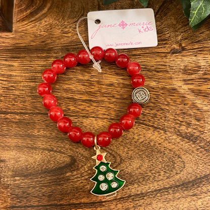 Jane Marie Kids Red Beaded Bracelet With Christmas Tree Dangle Charm