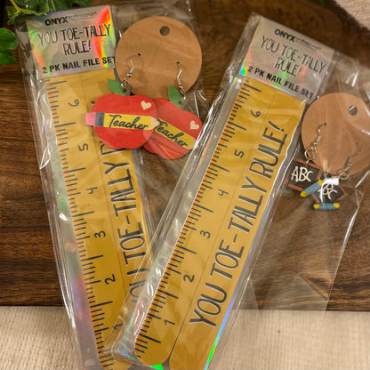 Back To School Gift Set • Nail File Ruler and Teacher Earrings Set