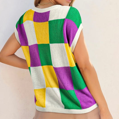 Mardi Gras Colorblock Cap Sleeve Knitted Sweater Top