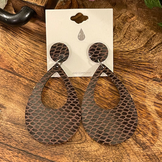 Dark Brown Snake Print Faux Leather Earrings