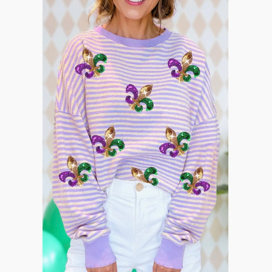 Sequin Mardi Gras Graphic Striped Sweatshirt