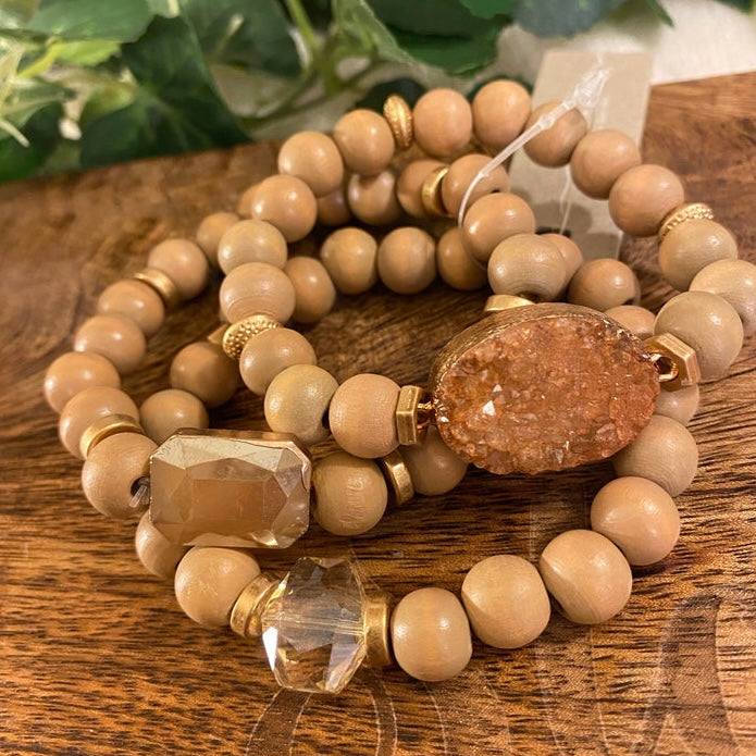 Set of Three Wood Beaded Bracelets Featuring Large Druzy Accent  - Approximately 2.5" in Diameter