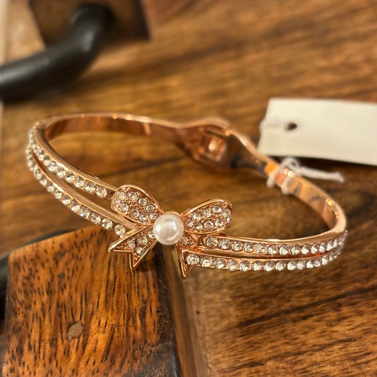 Rose Gold Hinge Bracelet with Bow and Pearl Center