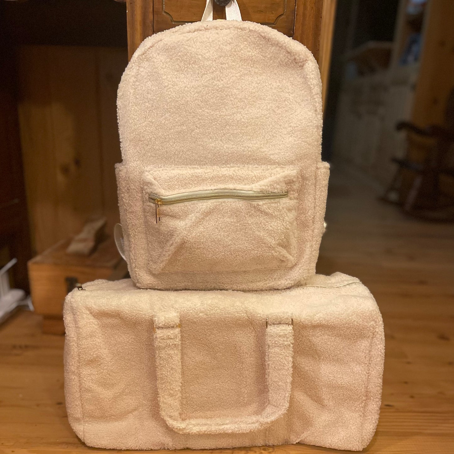 Sherpa Duffle Bag with Chenille Lettering or  Sherpa Backpack