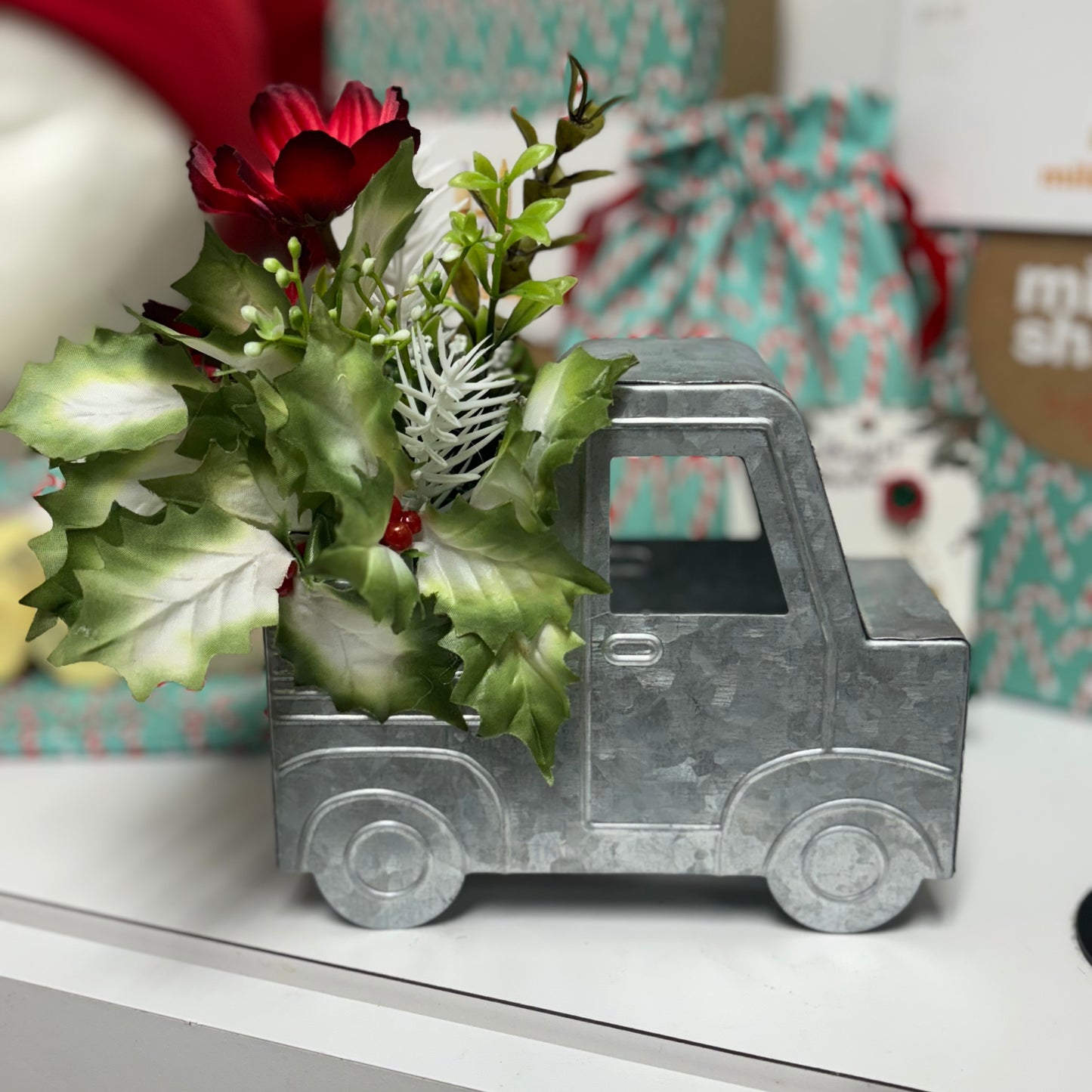 Tin Truck with Christmas Floral Arrangement