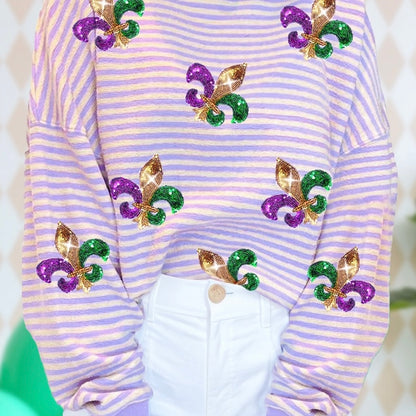 Sequin Mardi Gras Graphic Striped Sweatshirt