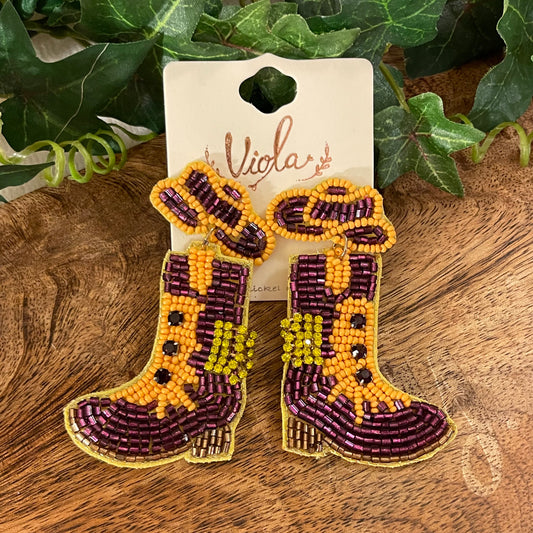 GameDay: Purple & Gold Boots Seed Bead Post Back Earrings