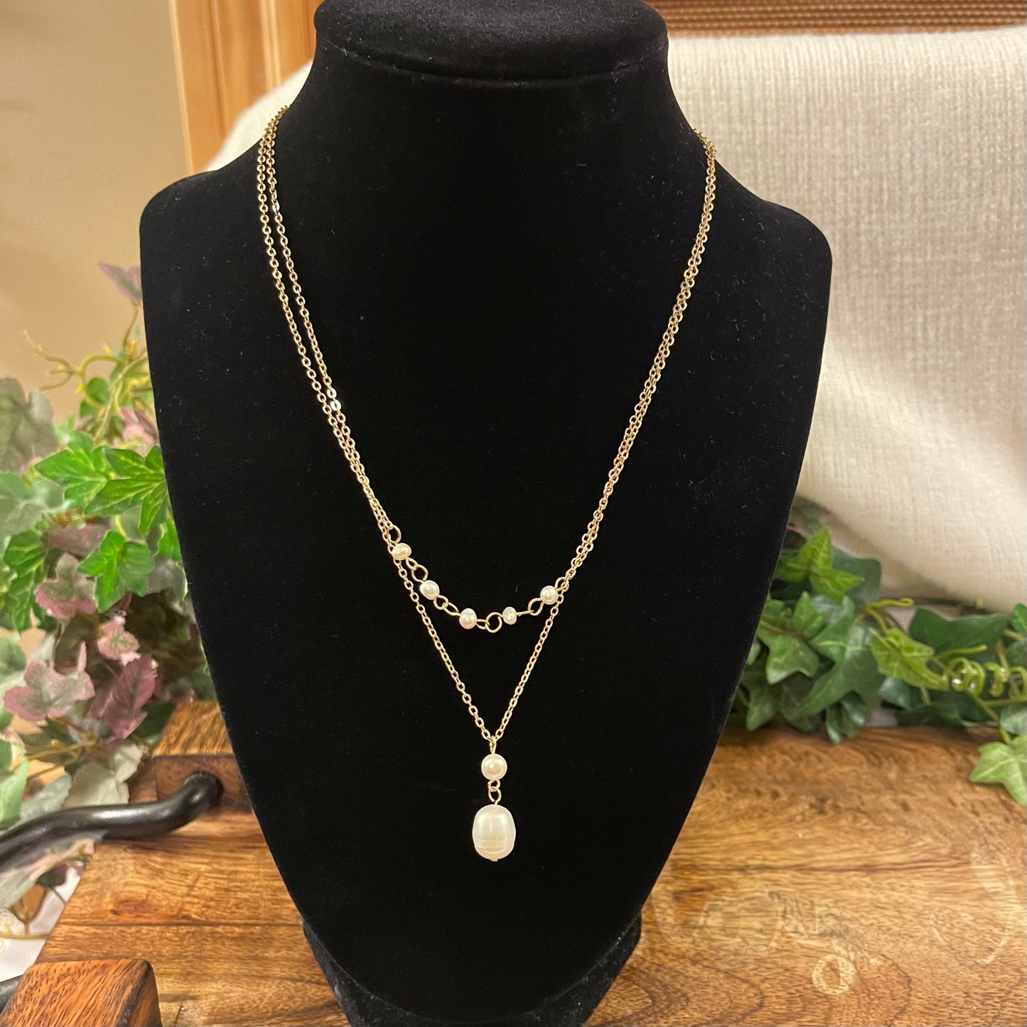 Layered Goldtone Metal Necklace with Pearl Pendant