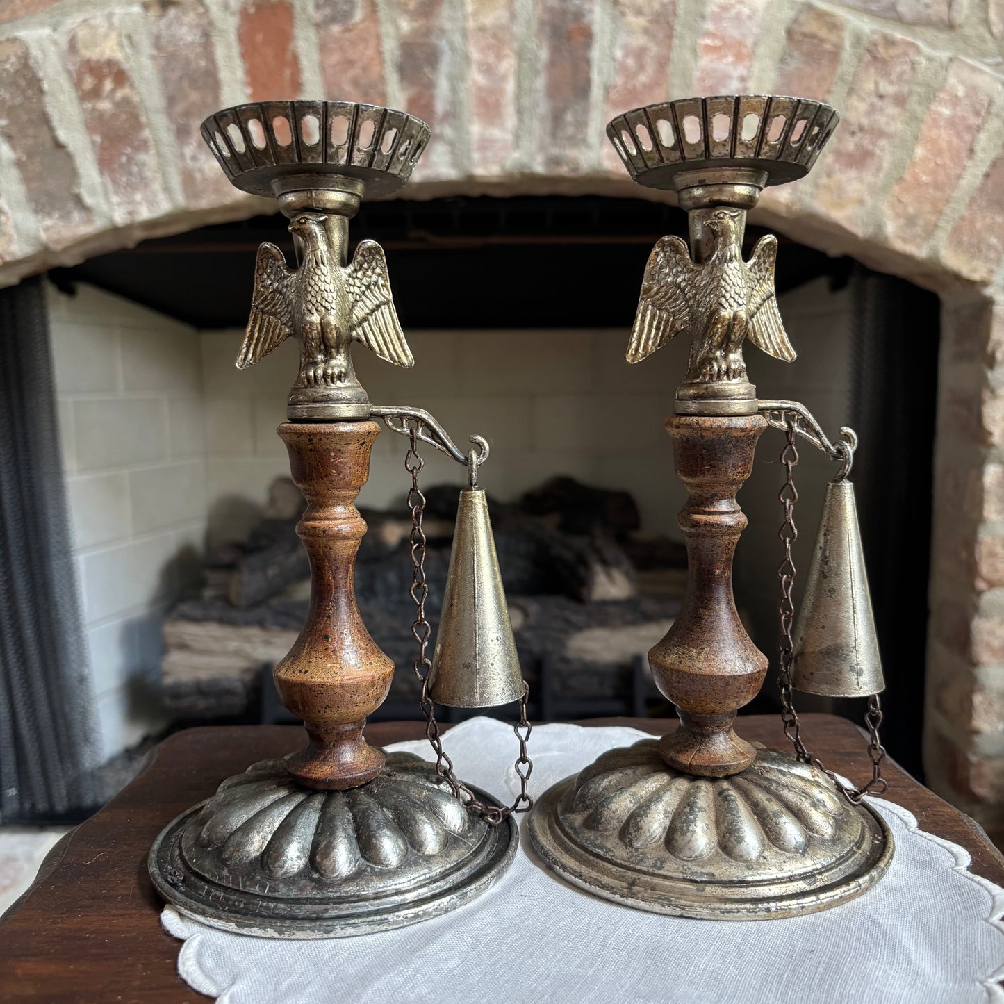 Set of 2 Vintage Dilly Wood and Metal Eagle Candle Holder with Snuffer on Chain
