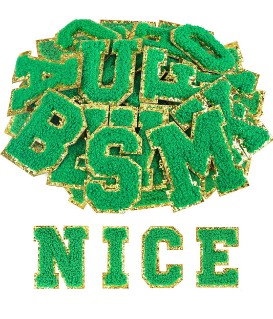 Chenille Iron On Letter Patch Green Trimmed in Gold