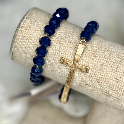 Bracelets - Navy Blue and Gold Stretch Bracelet with Center Cross