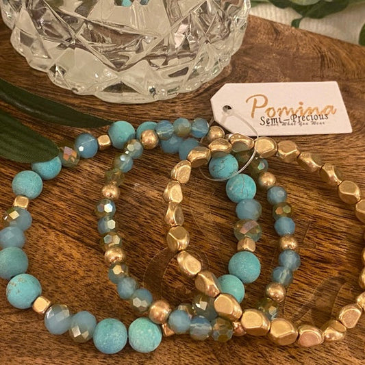 Bracelets - Turquoise and Gold Beads Stretch Bracelet Set