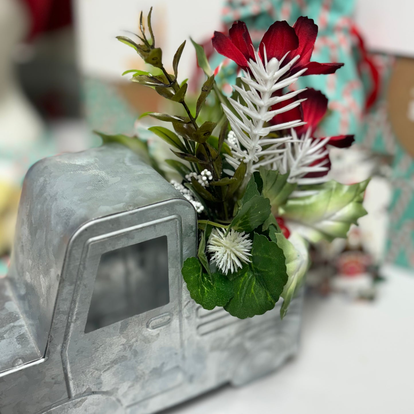 Tin Truck with Christmas Floral Arrangement