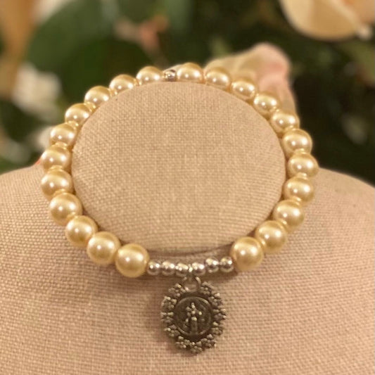 Ivory Pearl Stretch Bracelet With Saint Benedict Charm
