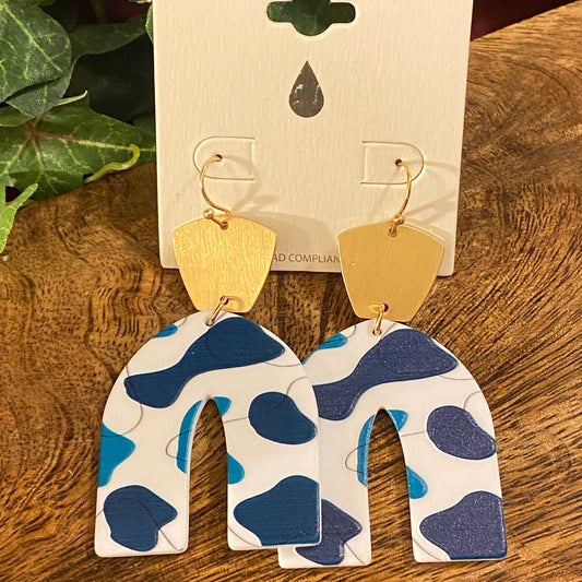 Blue and White Polymer Clay Arch Drop Earrings - Approximately 2.5” Long