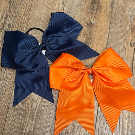 Large Bow with Attached Ponytail Holder Navy or Orange