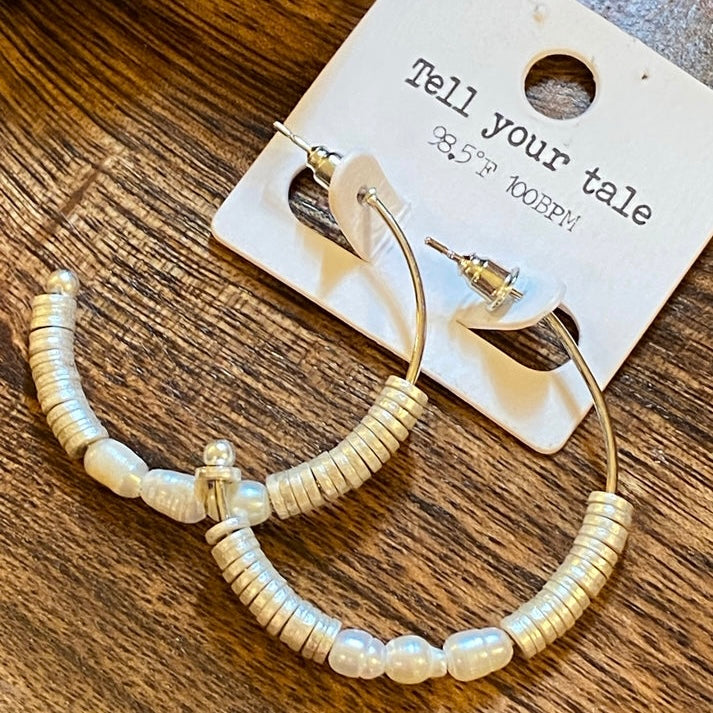 Silver and Pearl Hoop Earrings 1.5”