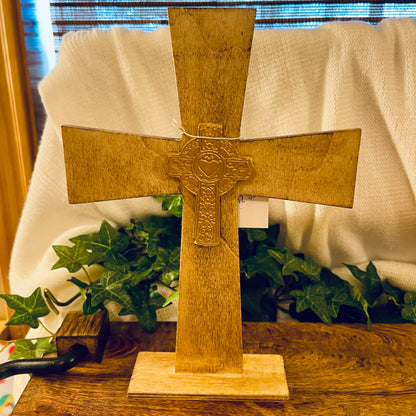 Handmade Wood Cross with Center Casted Intaglio Cross