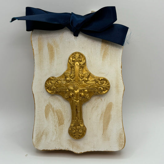 Hand Casted Cross in Gold on 3.5” x 4.5” Wood Slat