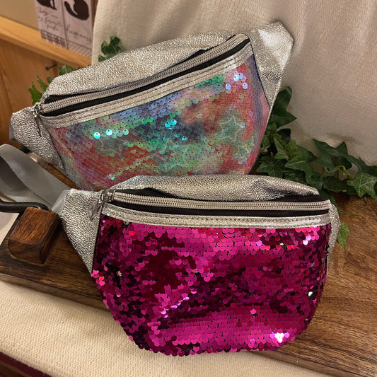 Metallic Faux Leather and Sequin Fanny Pack Sling Bag