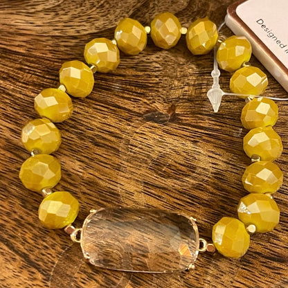 Mustard Color Beaded Stretch Bracelet with Clear Center Stone