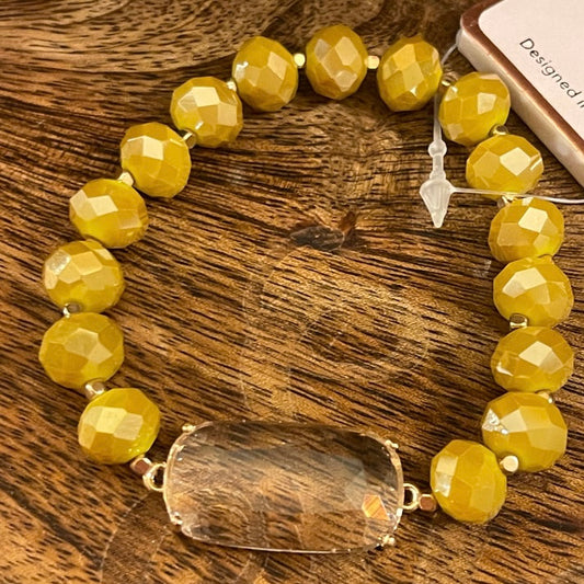 Bracelets - Mustard Color Beaded Stretch Bracelet with Clear Center Stone