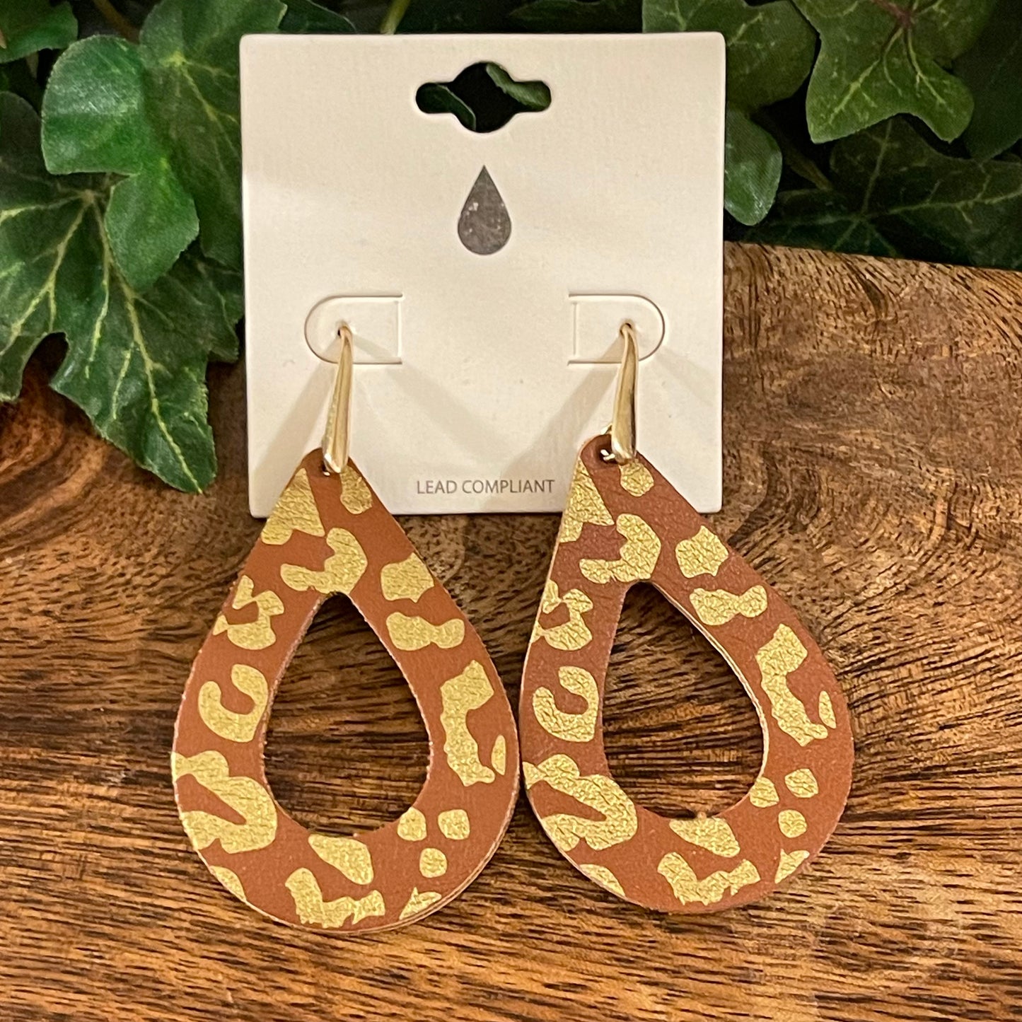 Brown and Gold Leopard Print Teardrop Dangle Earrings
