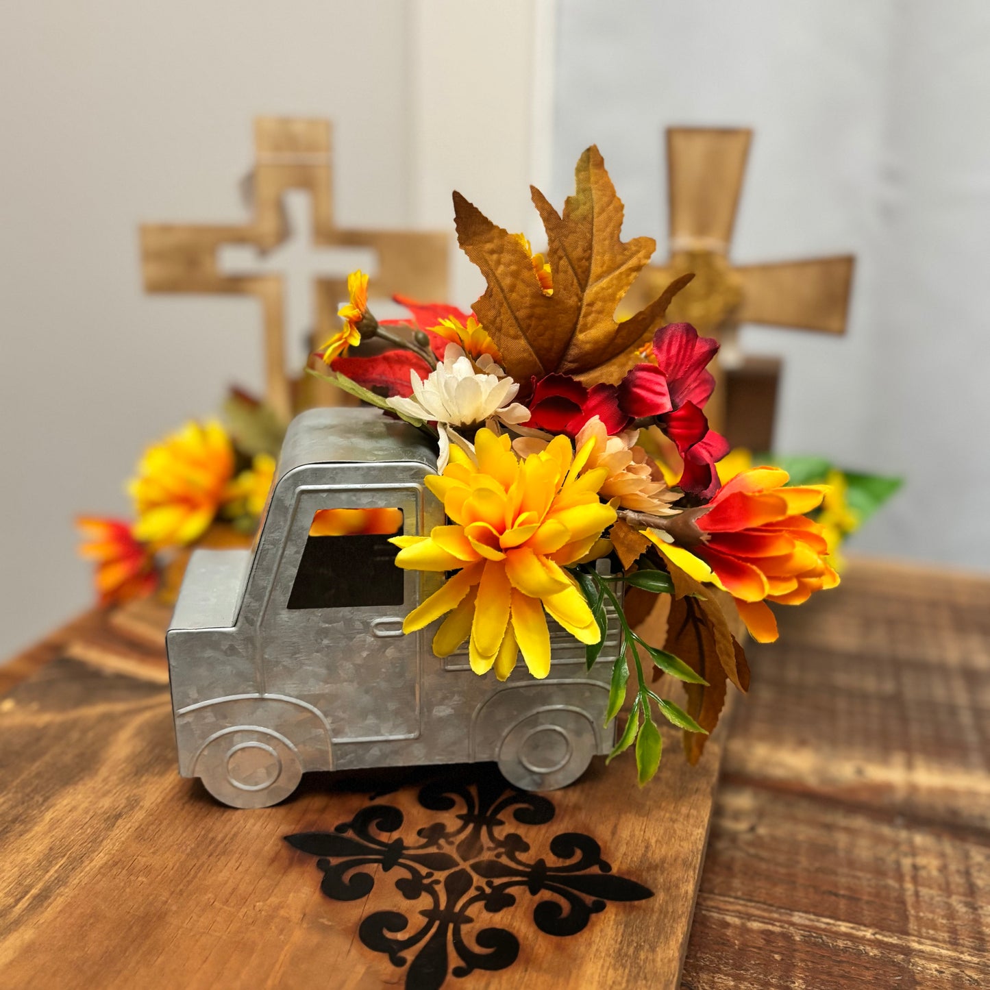 Fall Florals on Stained Wood Cross or Tin Truck with Fall Floral
