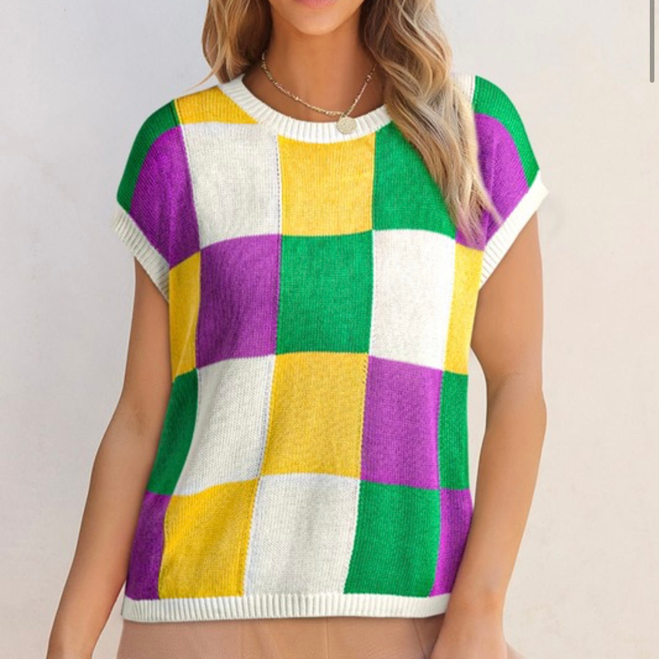 Mardi Gras Colorblock Cap Sleeve Knitted Sweater Top