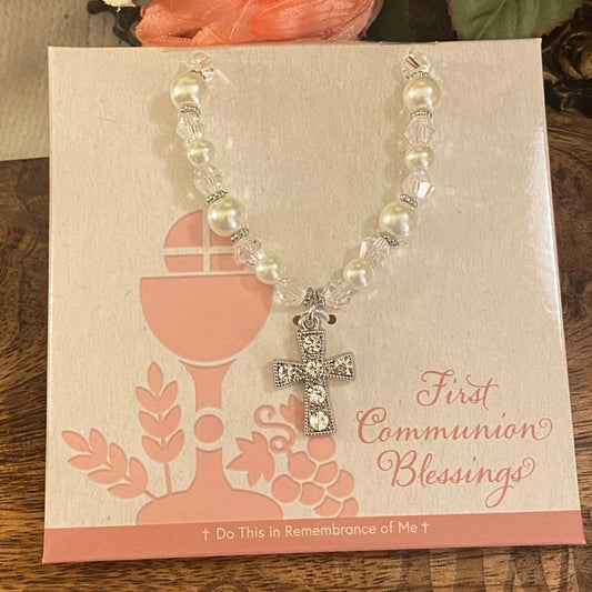 First Communion Beaded Faux Pearl And Clear Necklace 14” plus 1.5” extender