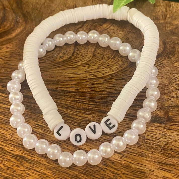 White Heishi Bead and Faux Pearl Bracelet set Love