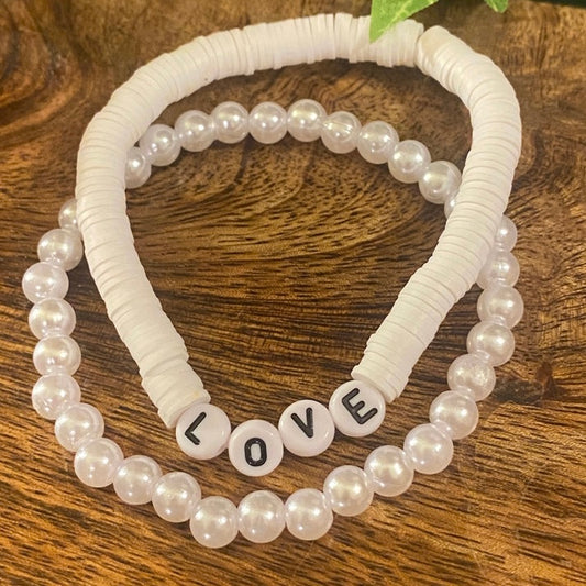 Bracelets - White Heishi Bead and Faux Pearl Bracelet set Love