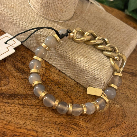 Gray Agate Stone Stretch Bracelet With Gold Chain Accents