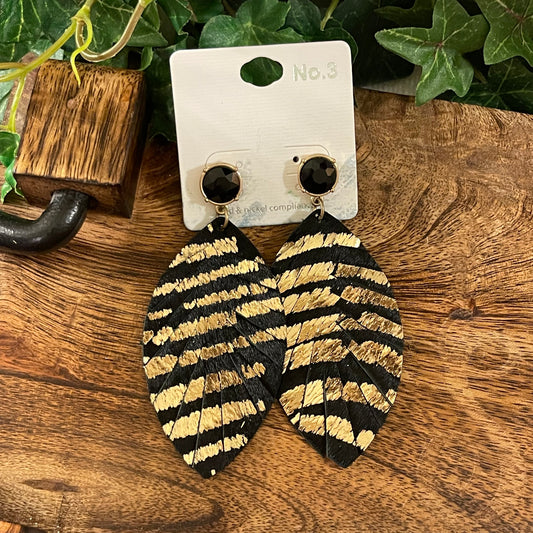 Black and Gold Post Back Earrings 3” Long