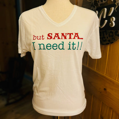 “But Santa” V-Neck T-Shirt   For Women White/Red/Dark Green