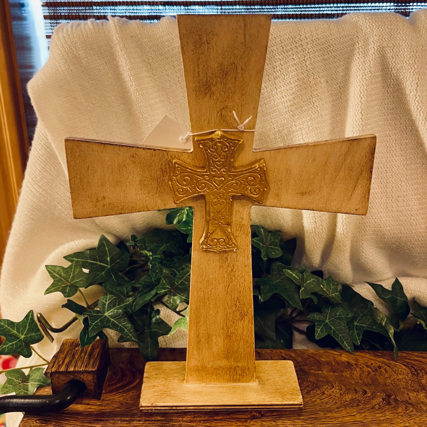Handmade Wood Cross with Center Casted Intaglio Cross
