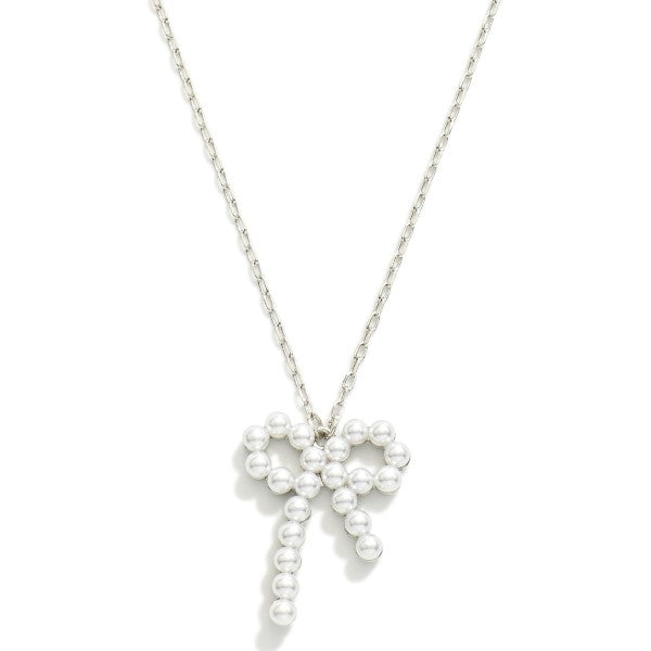 Chain Link Necklace Featuring Pearl Studded Bow Pendant or Earrings