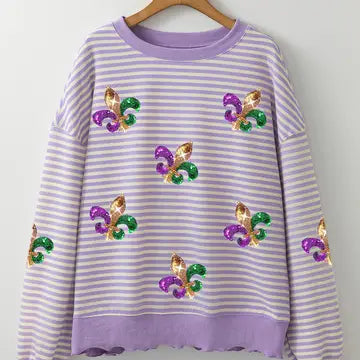 Sequin Mardi Gras Graphic Striped Sweatshirt