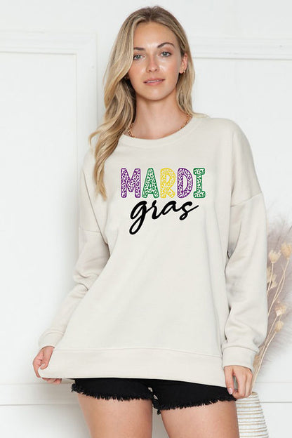 Mardi Gras Sweatshirt with Mardi Gras Print • Beige
