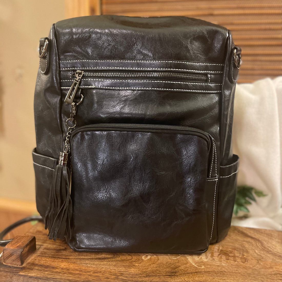 Vegan Leather Backpack Tote Bag With Leather Tassel Zippers and Detachable Strap Plus Bonus Strap