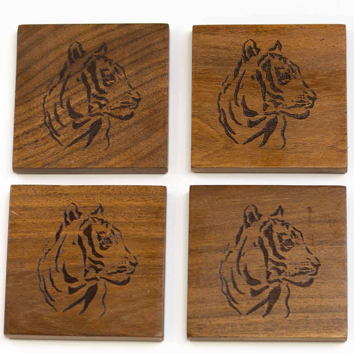 Tiger Etched Wood Coasters   Natural   4x4