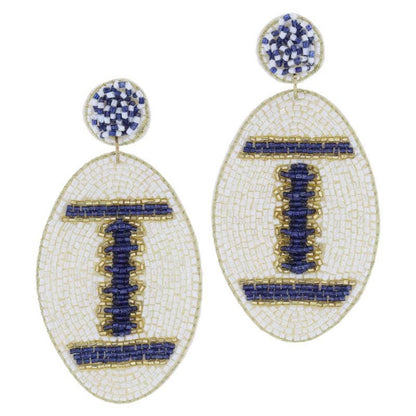 Navy and Ivory Football Earrings with Navy Ivory Gold Seed Bead