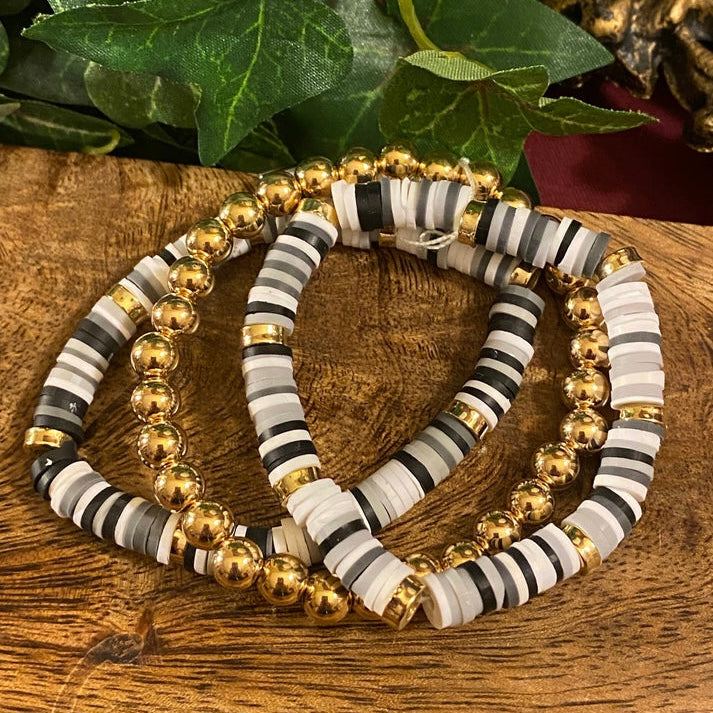 Gray Multi Colored Heishi Bead With Gold Stretch Bracelet Set