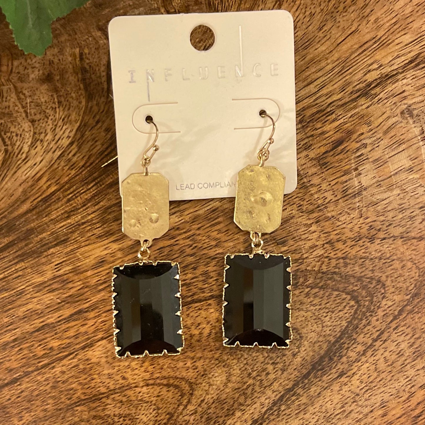 Hammered Gold Metal Earrings with Black Stone Dangle
