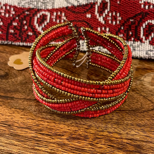 Bracelets - Seed Bead Red and Gold Cuff Bracelet
