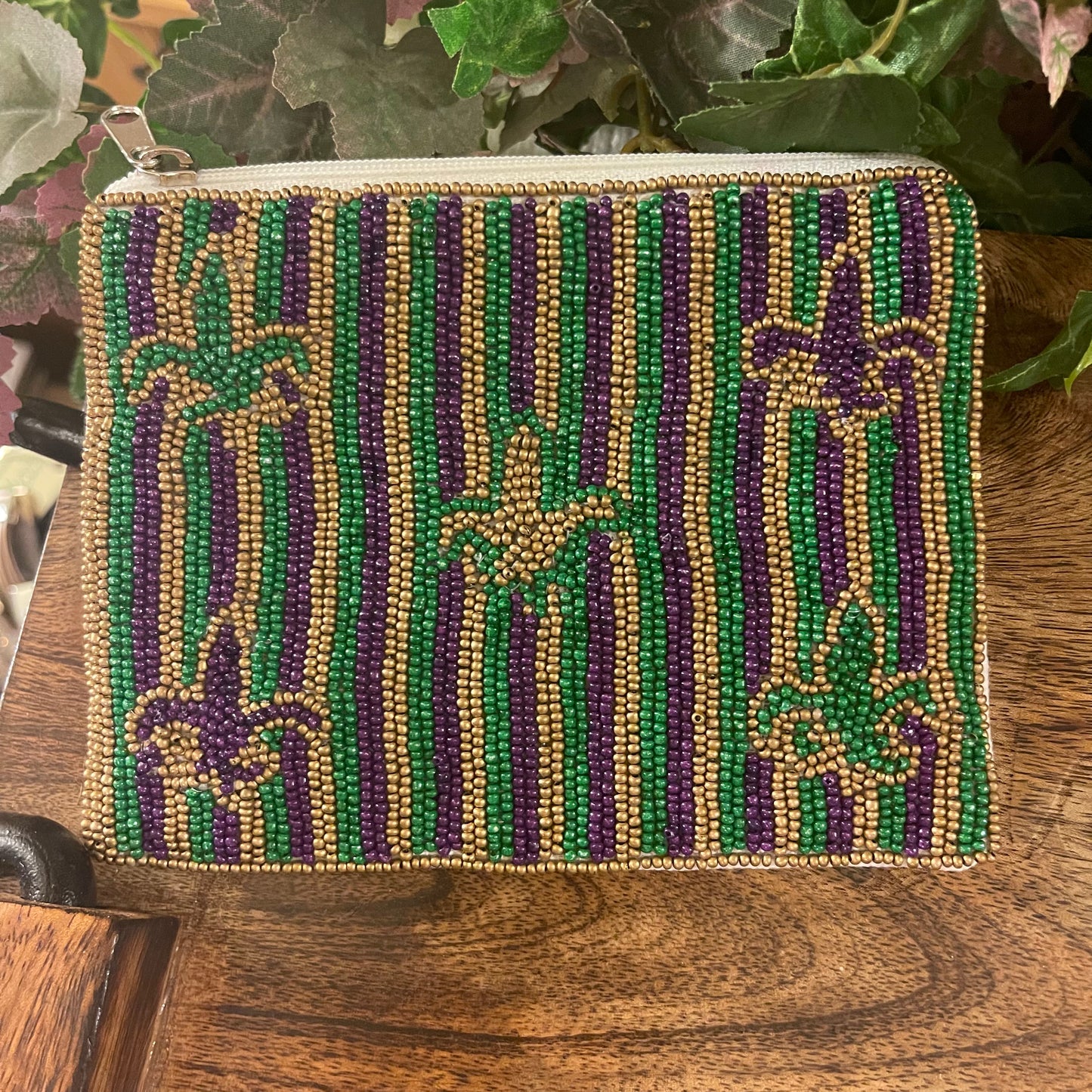 Mardi Gras Seed Bead Zippered Pouch