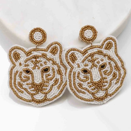 Tiger Face Beaded Earrings White/Gold 2"